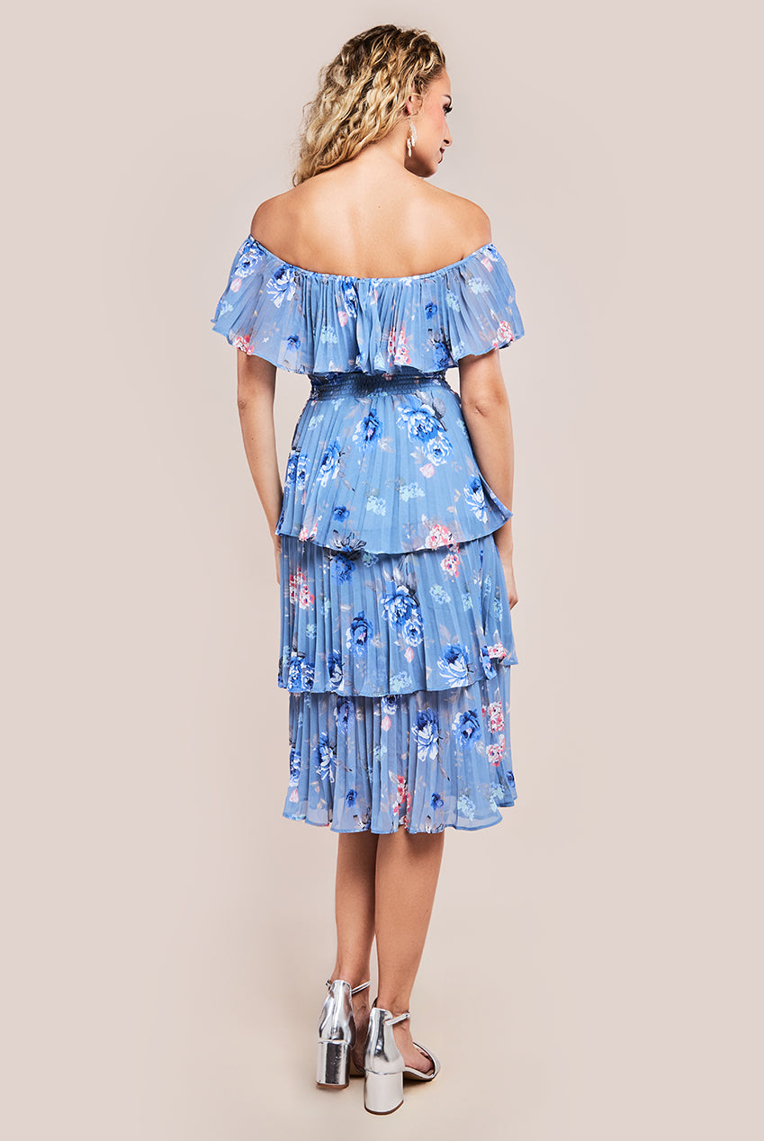 Pleated Bodice Chiffon Tiered Midi Dress - Blue DR3908