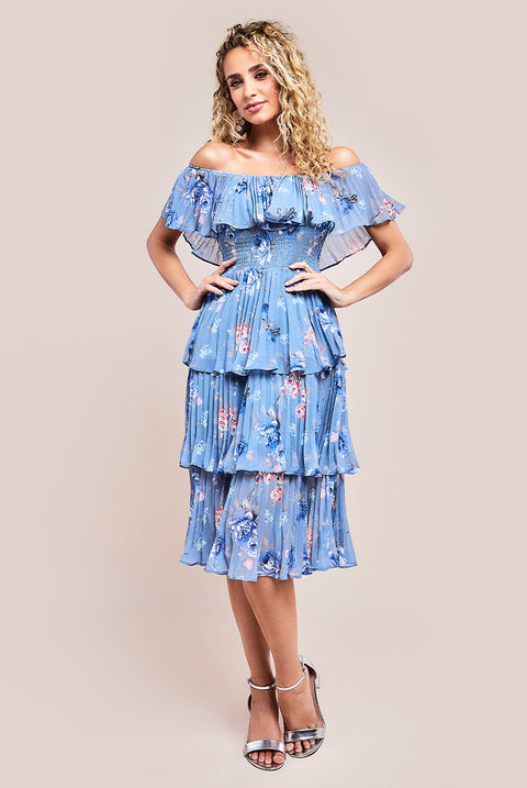 Goddiva Pleated Bodice Chiffon Tiered Midi Dress - Blue