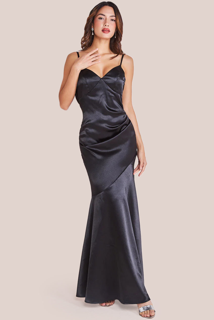 Cowl Back Satin Maxi Dress - Black DR3920