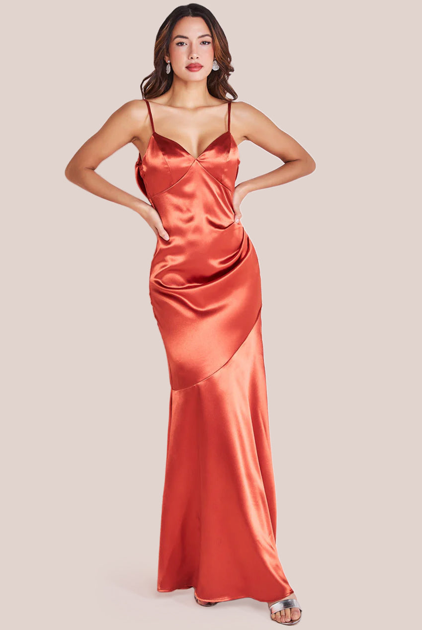 Cowl Back Satin Maxi Dress - Burntorange DR3920