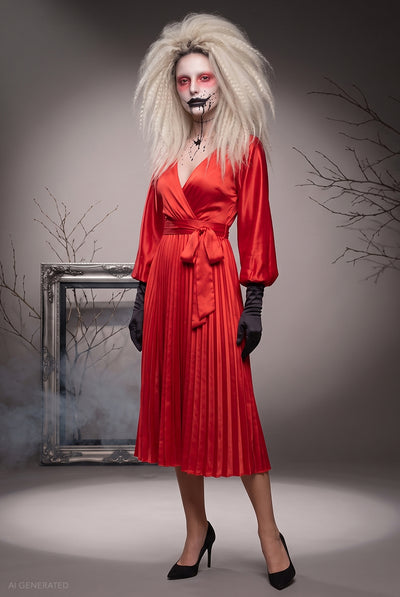 Red - Long Sleeve A-Line Midi Frankenstein's Bride-Inspired Halloween Costume - Red by Goddiva