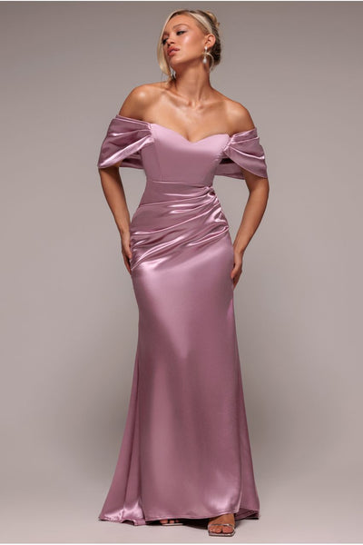 Rose Pink - Off Shoulder Satin Maxi With V Neck - Rosepink by Goddiva