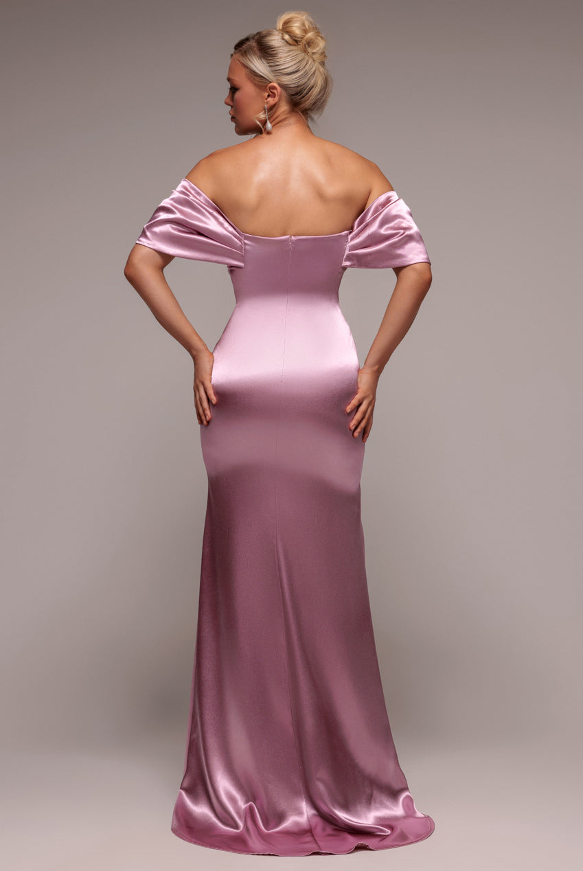 Off Shoulder Satin Maxi With V Neck - Rosepink DR3923