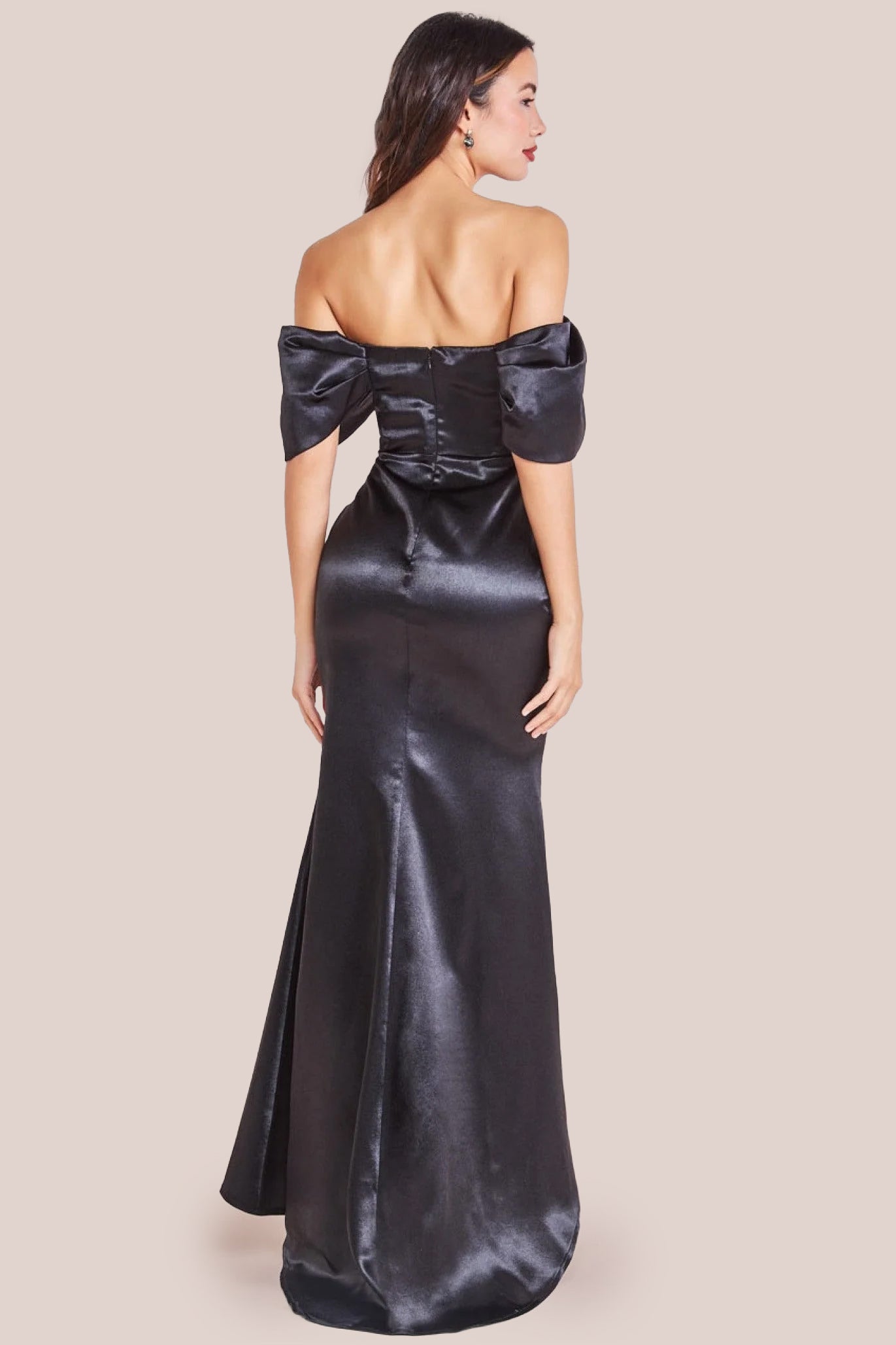 Off Shoulder Satin Maxi Dress With V Neck - Black DR3923