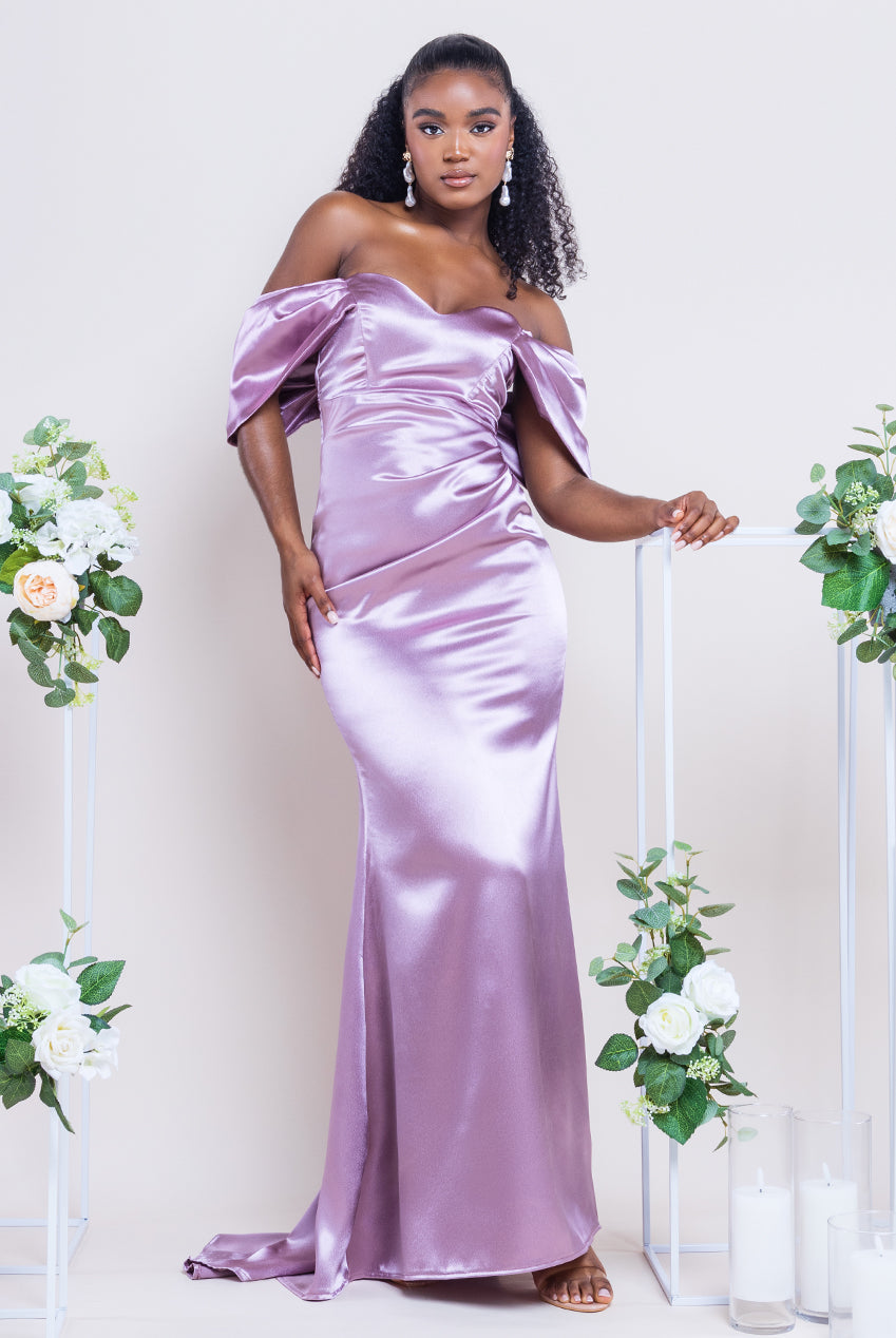 Off Shoulder Satin Maxi With V Neck - Rosepink DR3923