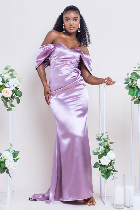 Off Shoulder Satin Maxi With V Neck - Rosepink by Goddiva