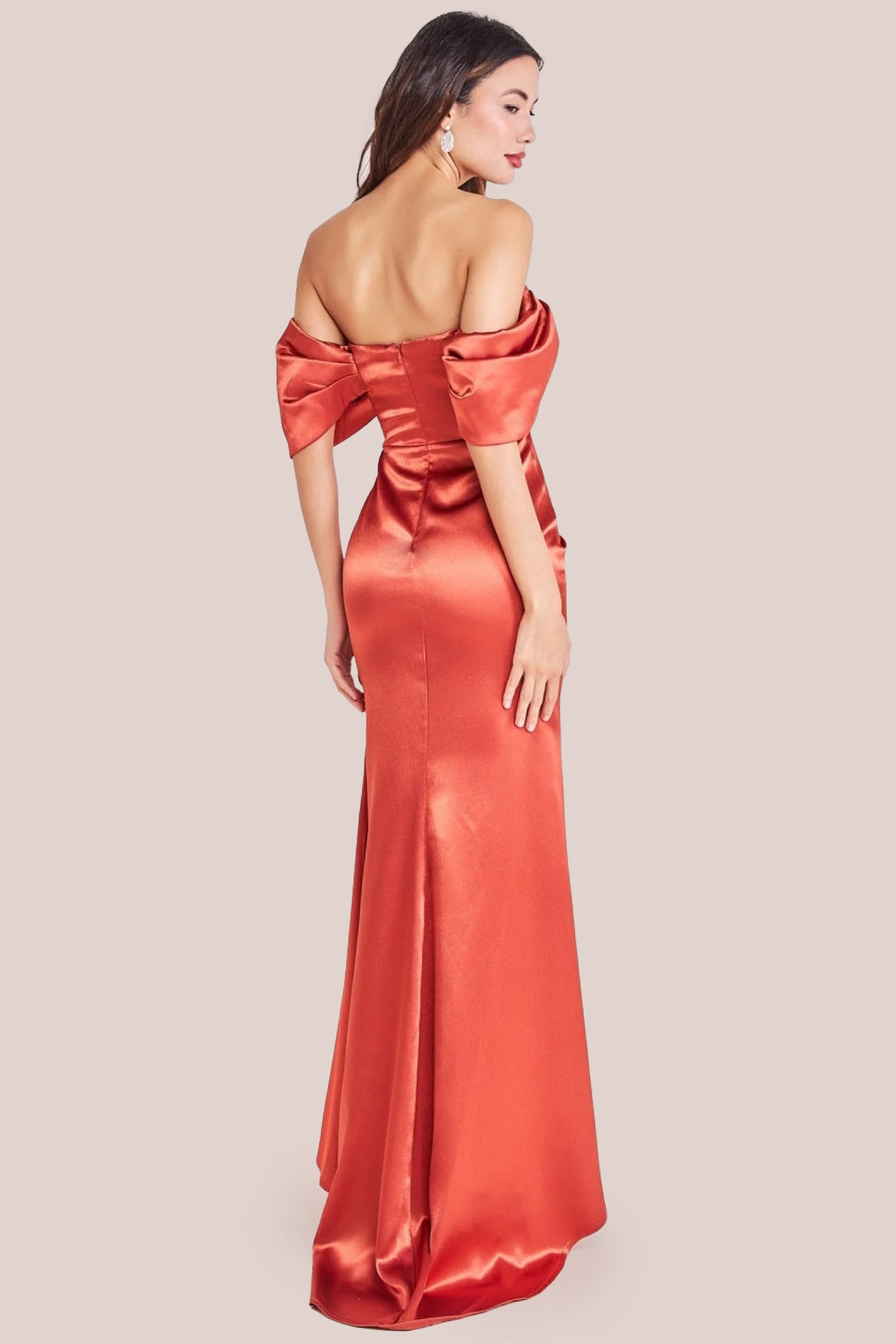 Off Shoulder Satin Maxi With V Neck - Burntorange DR3923