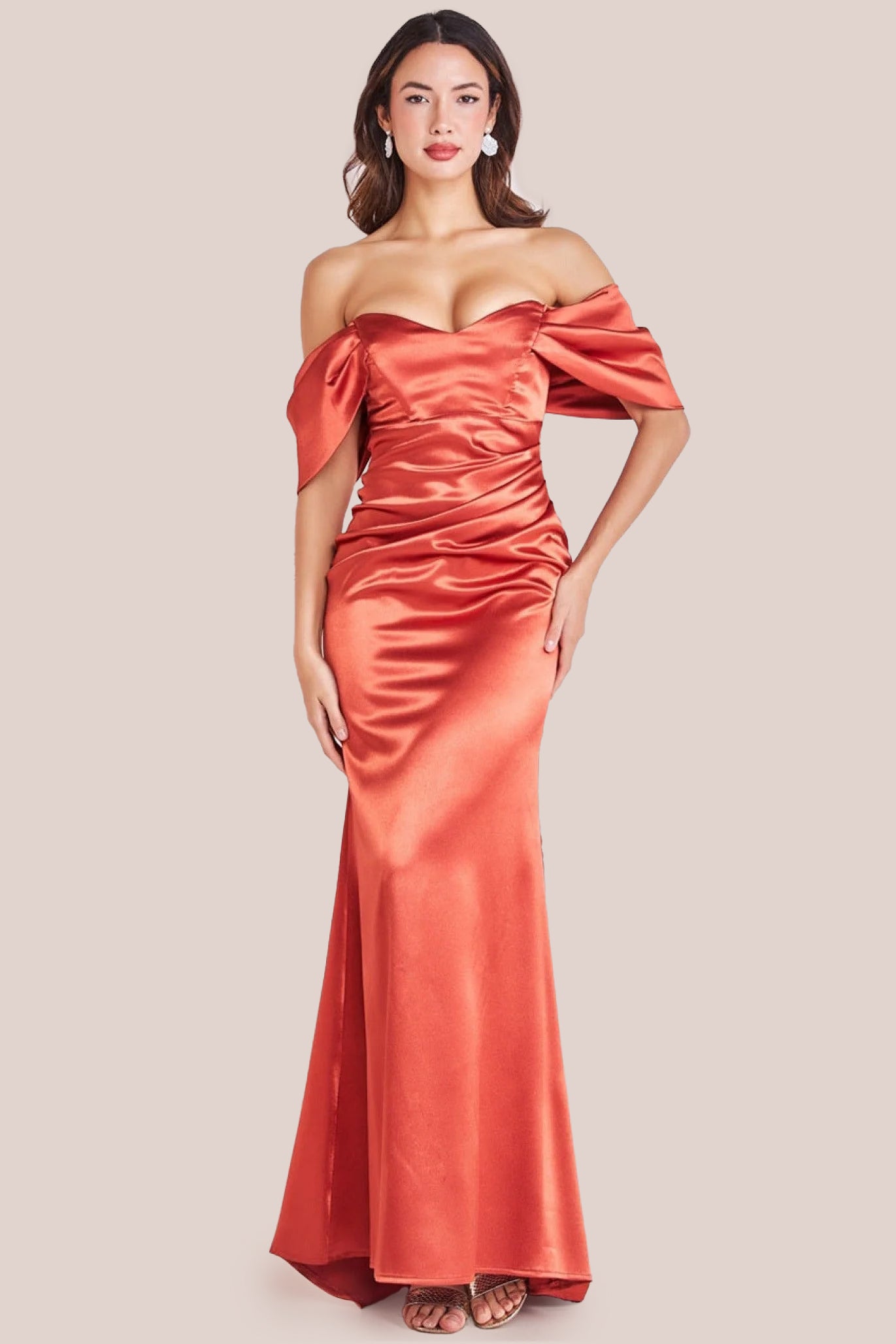 Off Shoulder Satin Maxi With V Neck - Burntorange DR3923