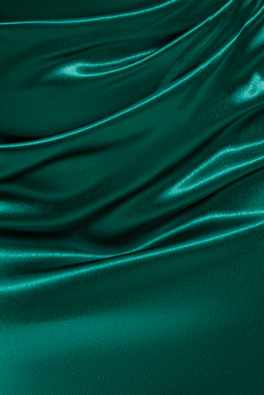 Off Shoulder Satin Maxi With V Neck - Emerald DR3923