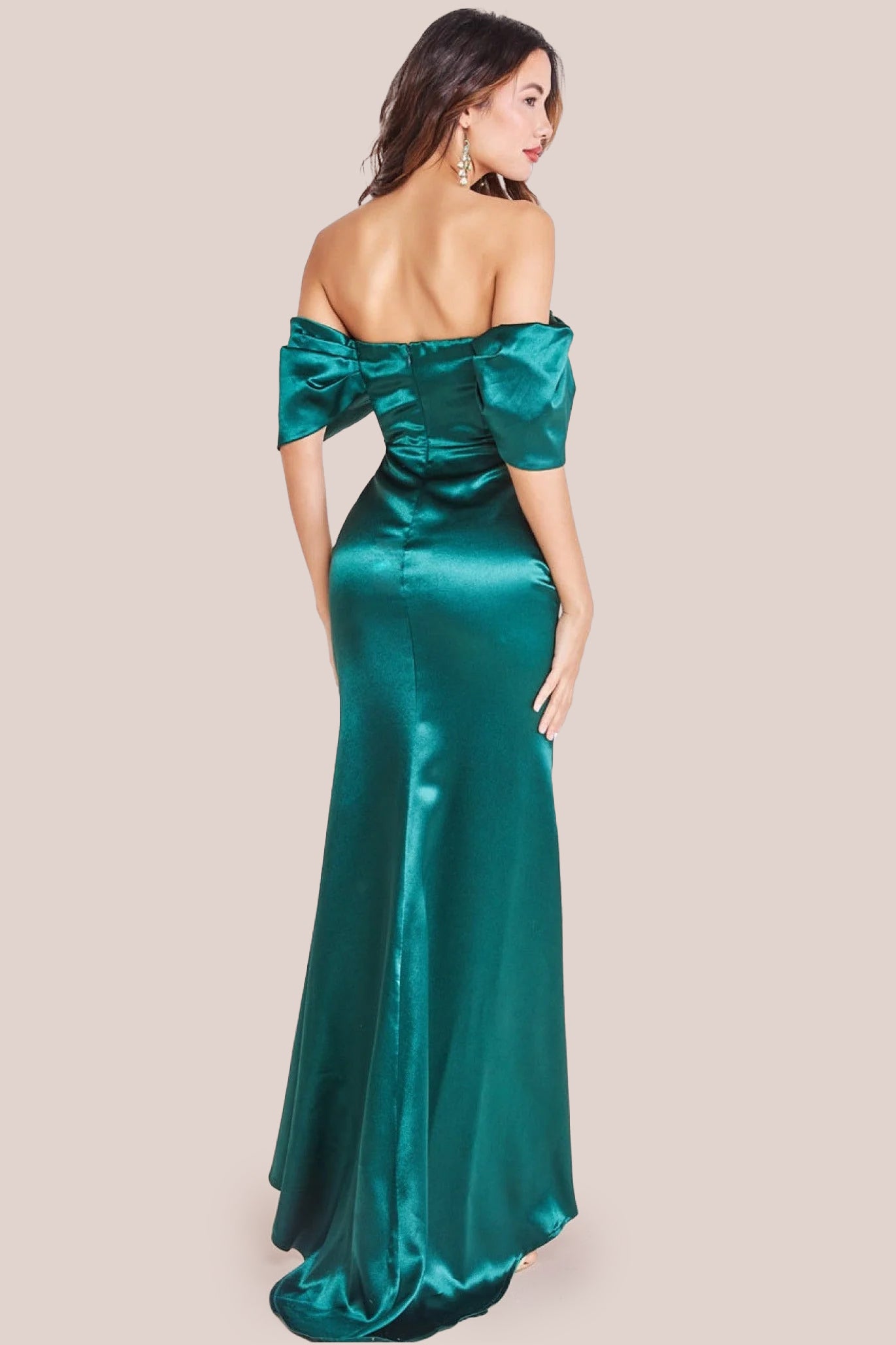 Off Shoulder Satin Maxi With V Neck - Emerald DR3923