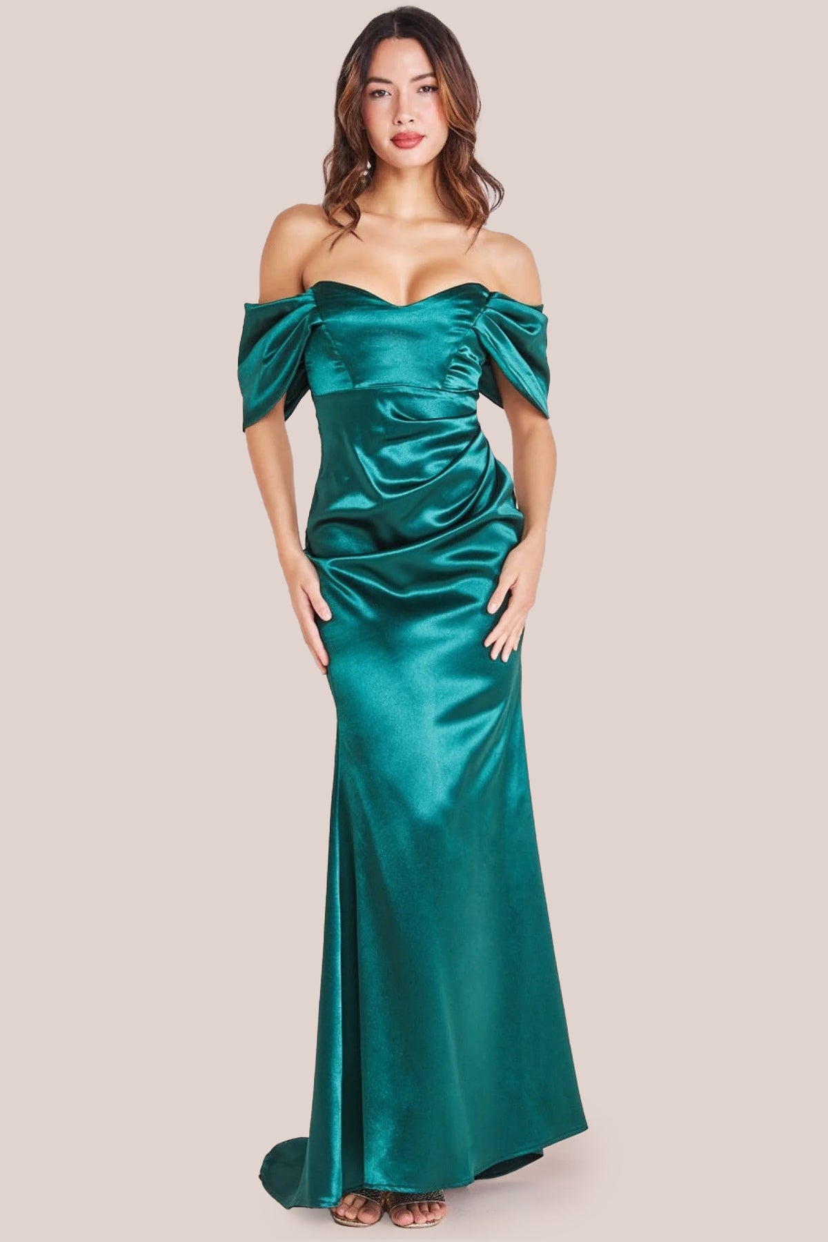 Off Shoulder Satin Maxi With V Neck - Emerald DR3923