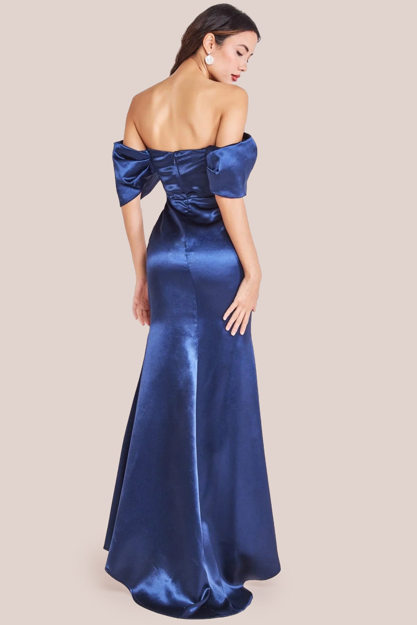 Off Shoulder Satin Maxi With V Neck - Navy DR3923