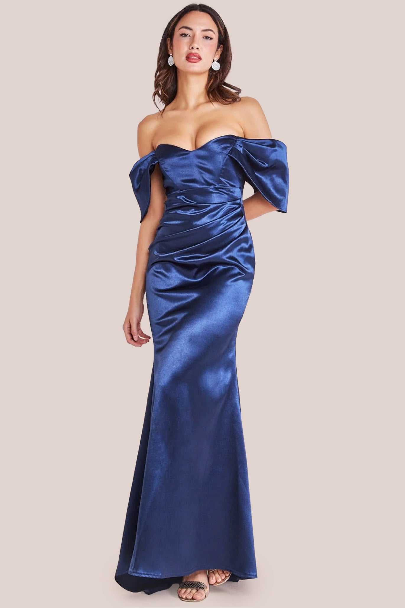 Off Shoulder Satin Maxi With V Neck - Navy DR3923