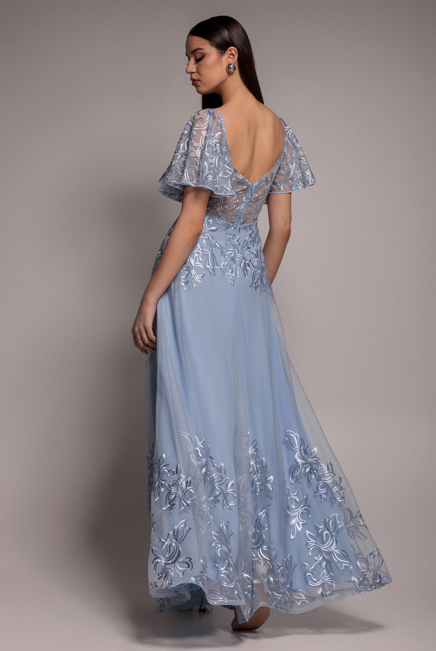 Lace Flutter Sleeve Embroidered Mesh A Line Maxi Dress - Blue DR3942