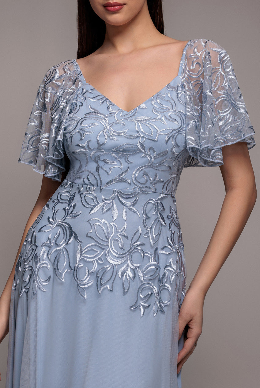 Lace Flutter Sleeve Embroidered Mesh A Line Maxi Dress - Blue DR3942