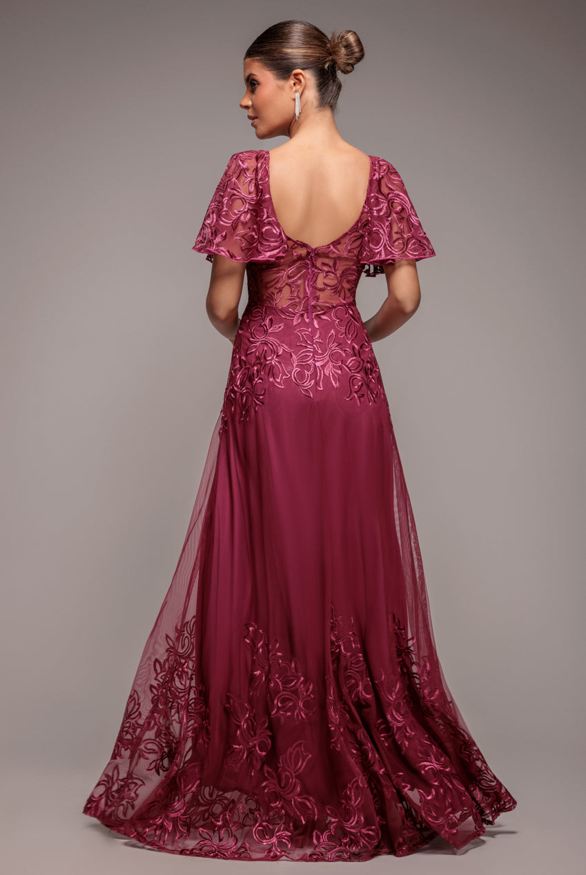 Lace Flutter Sleeve Embroidered Mesh A Line Maxi Dress - Burgundy DR3942