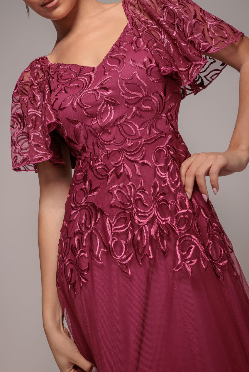 Lace Flutter Sleeve Embroidered Mesh A Line Maxi Dress - Burgundy DR3942