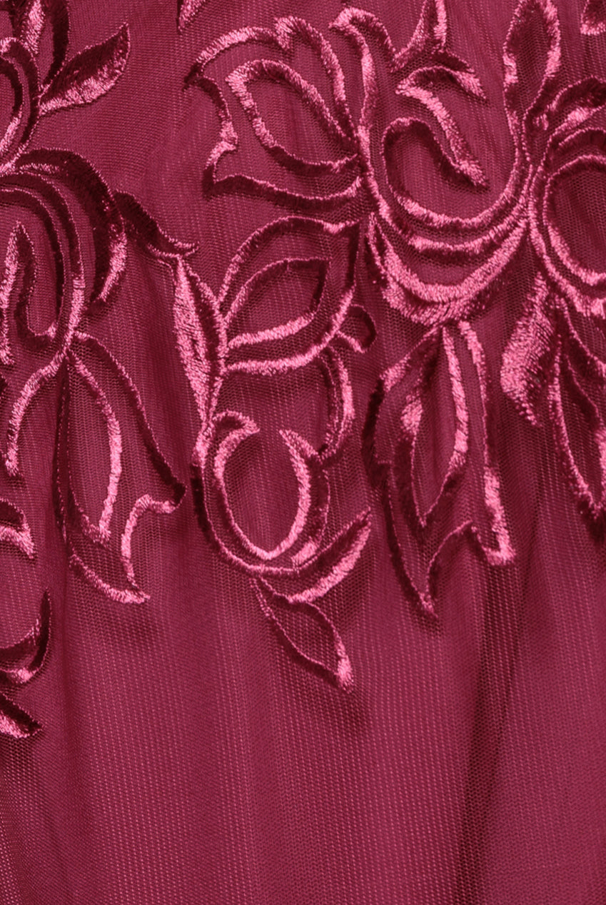 Lace Flutter Sleeve Embroidered Mesh A Line Maxi Dress - Burgundy DR3942