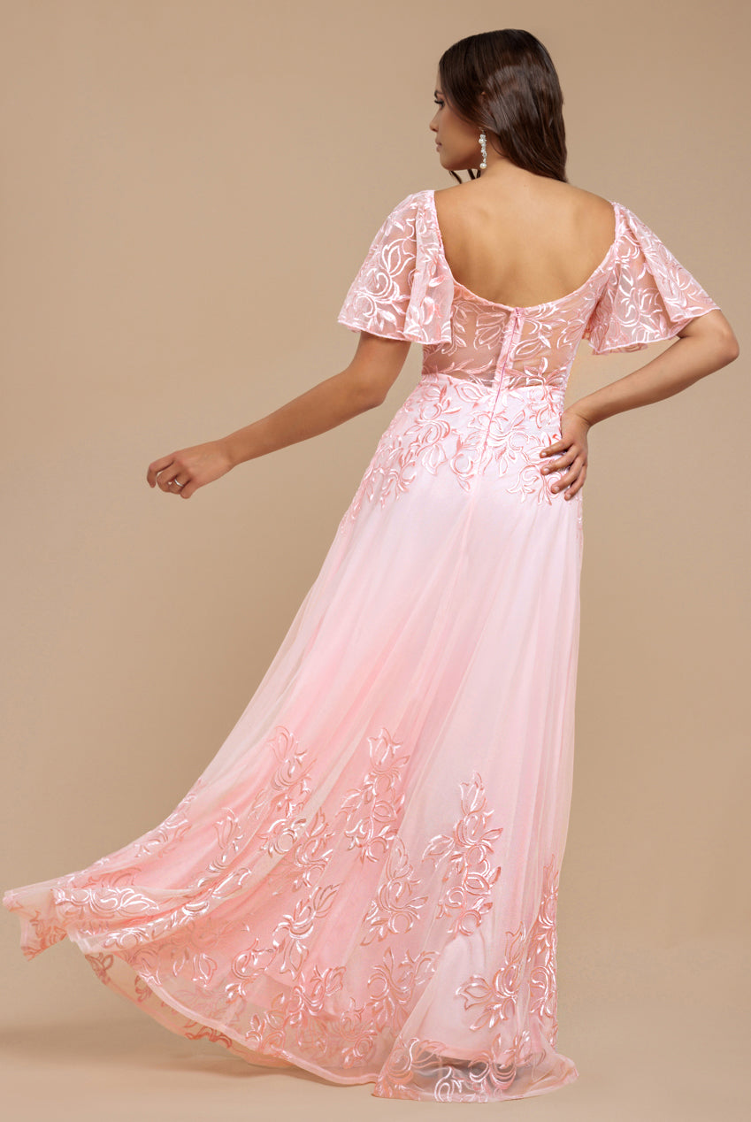 Lace Flutter Sleeve Embroidered Mesh A Line Maxi Dress - Pink DR3942