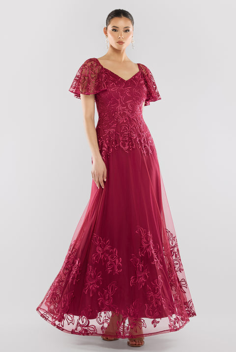 Goddiva Lace Flutter Sleeve Embroidered Mesh A-Line Maxi Dress - Burgundy