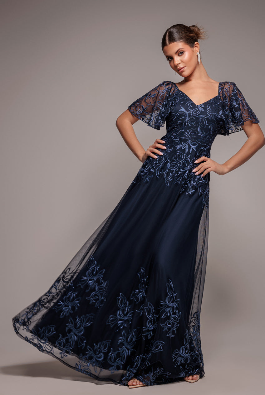 Lace Flutter Sleeve Embroidered Mesh A Line Maxi Dress - Navy Blue DR3942