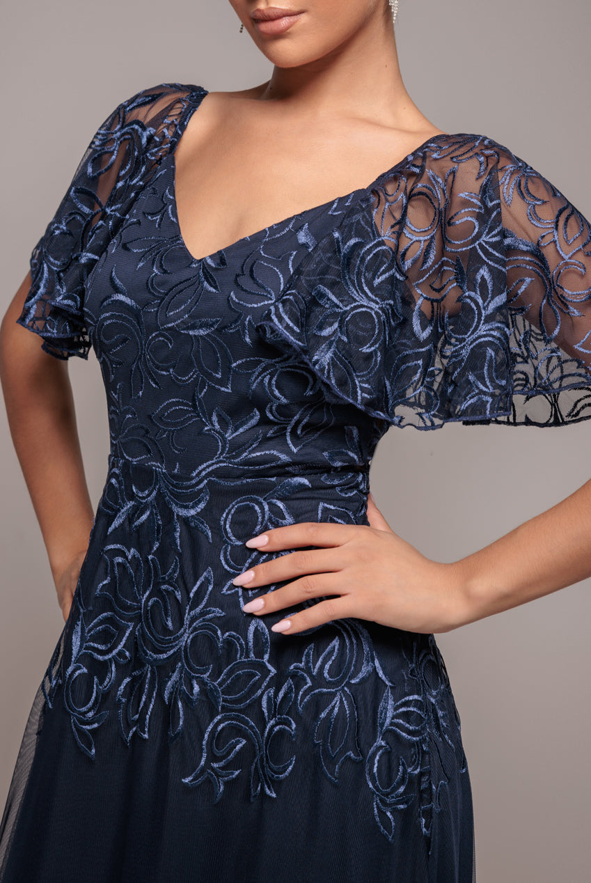 Lace Flutter Sleeve Embroidered Mesh A Line Maxi Dress - Navy Blue DR3942
