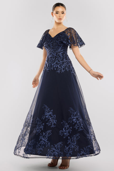 Goddiva Lace Flutter Sleeve Embroidered Mesh A-Line Maxi Dress - Navy Blue