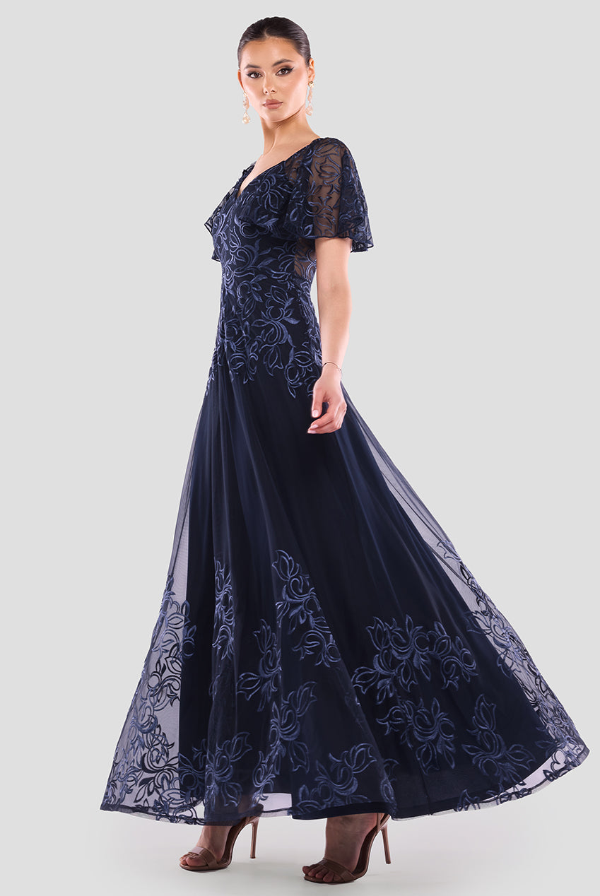 Lace Flutter Sleeve Embroidered Mesh A Line Maxi Dress - Navy Blue DR3942
