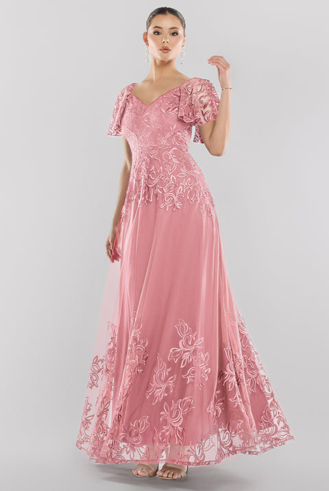 Lace Flutter Sleeve Embroidered Mesh A Line Maxi Dress - Pink by Goddiva