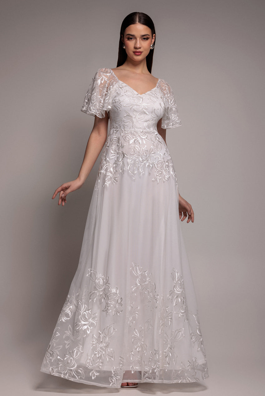 Lace Flutter Sleeve Embroidered Mesh A Line Maxi Dress - White DR3942