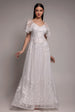 Lace Flutter Sleeve Embroidered Mesh A Line Maxi Dress - White by Goddiva