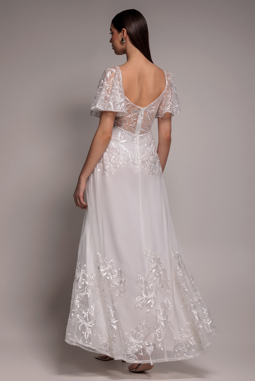 Lace Flutter Sleeve Embroidered Mesh A Line Maxi Dress - White DR3942
