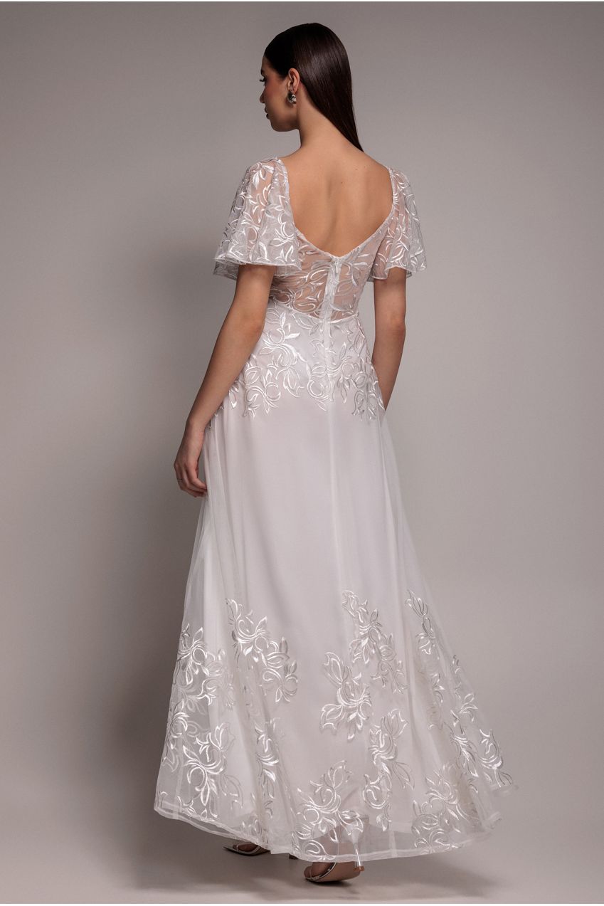 Lace Flutter Sleeve Embroidered Mesh A Line Maxi Dress - White | Goddiva Lace Flutter Sleeve Embroidered Mesh A Line Maxi Dress - White | Goddiva