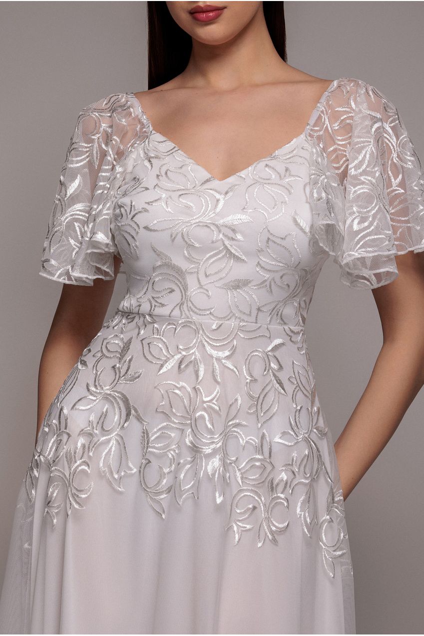 Lace Flutter Sleeve Embroidered Mesh A Line Maxi Dress - White | Goddiva Lace Flutter Sleeve Embroidered Mesh A Line Maxi Dress - White | Goddiva
