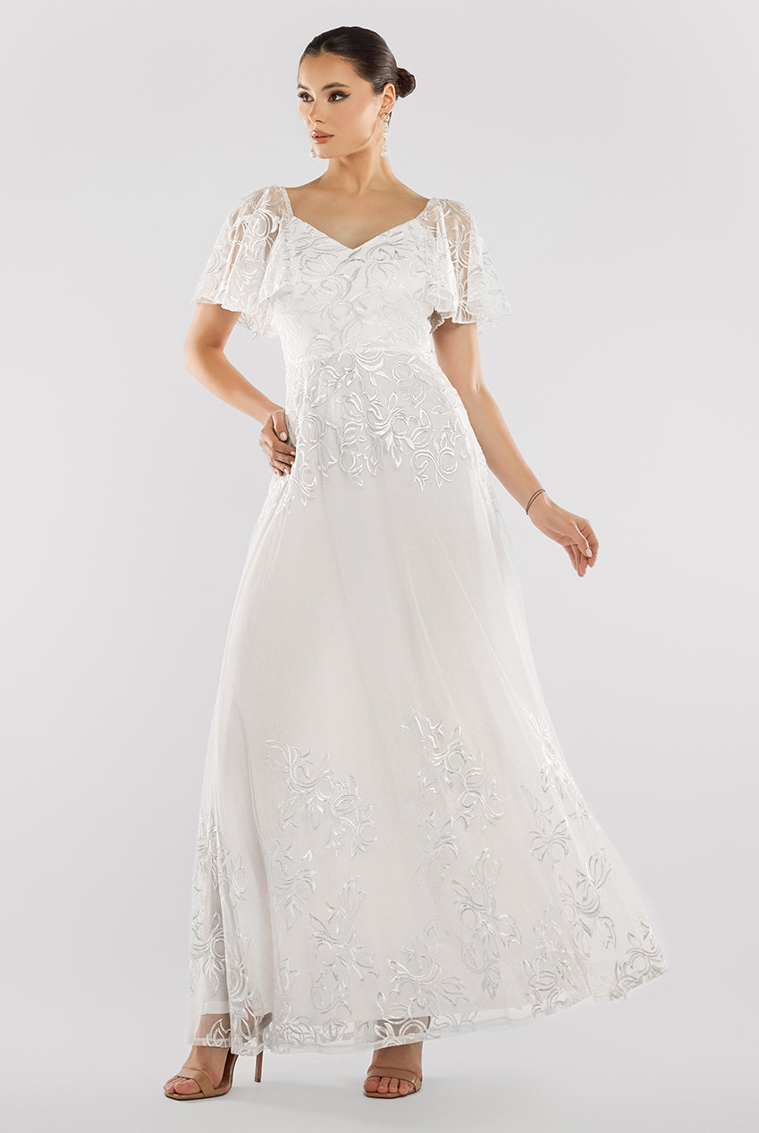 Lace Flutter Sleeve Embroidered Mesh A Line Maxi Dress - White DR3942
