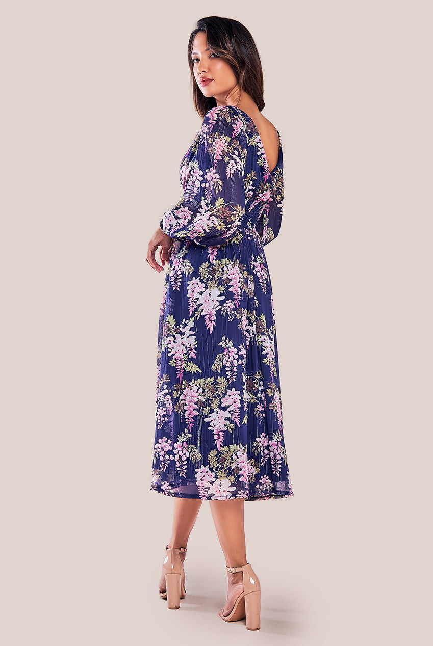 Printed Lurex Chiffon Long Sleeve Midi Dress - Navy DR3948QZ