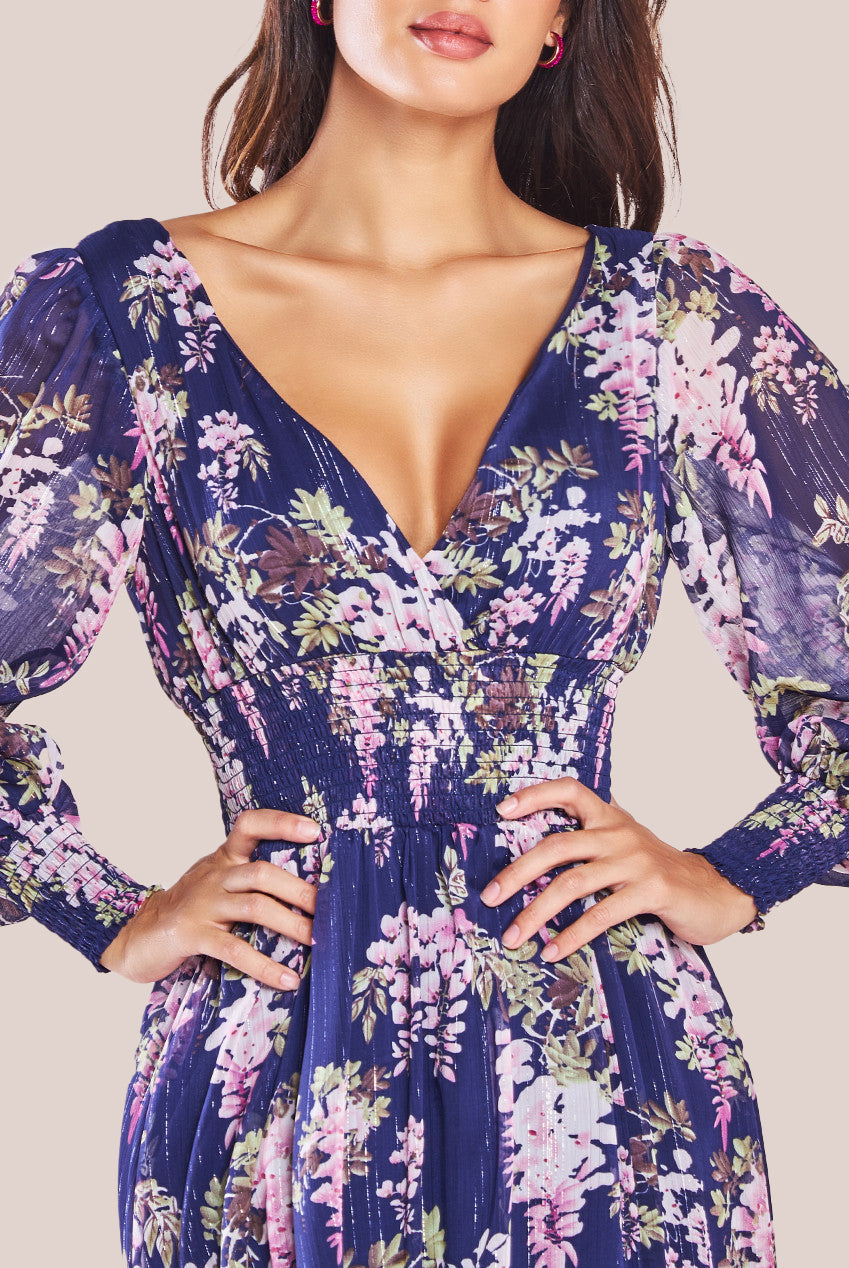 Printed Lurex Chiffon Long Sleeve Midi Dress - Navy DR3948QZ