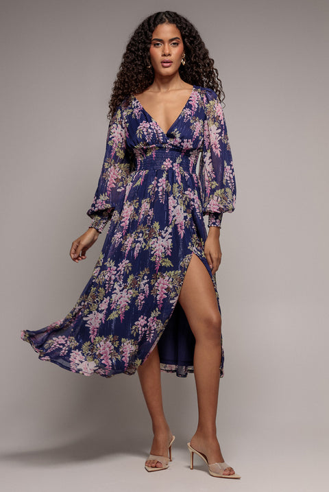 Printed Lurex Chiffon Long Sleeve Midi Dress - Navy by Goddiva