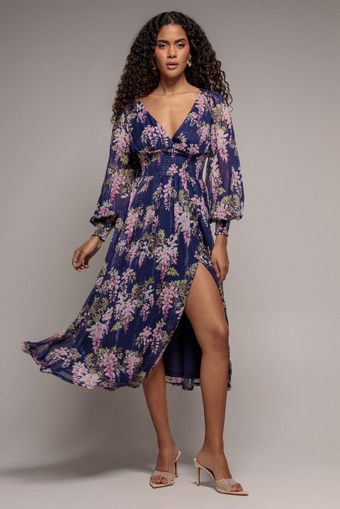 Printed Lurex Chiffon Long Sleeve Midi Dress - Navy by Goddiva