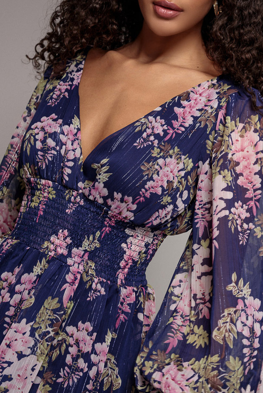Printed Lurex Chiffon Long Sleeve Midi Dress - Navy DR3948QZ