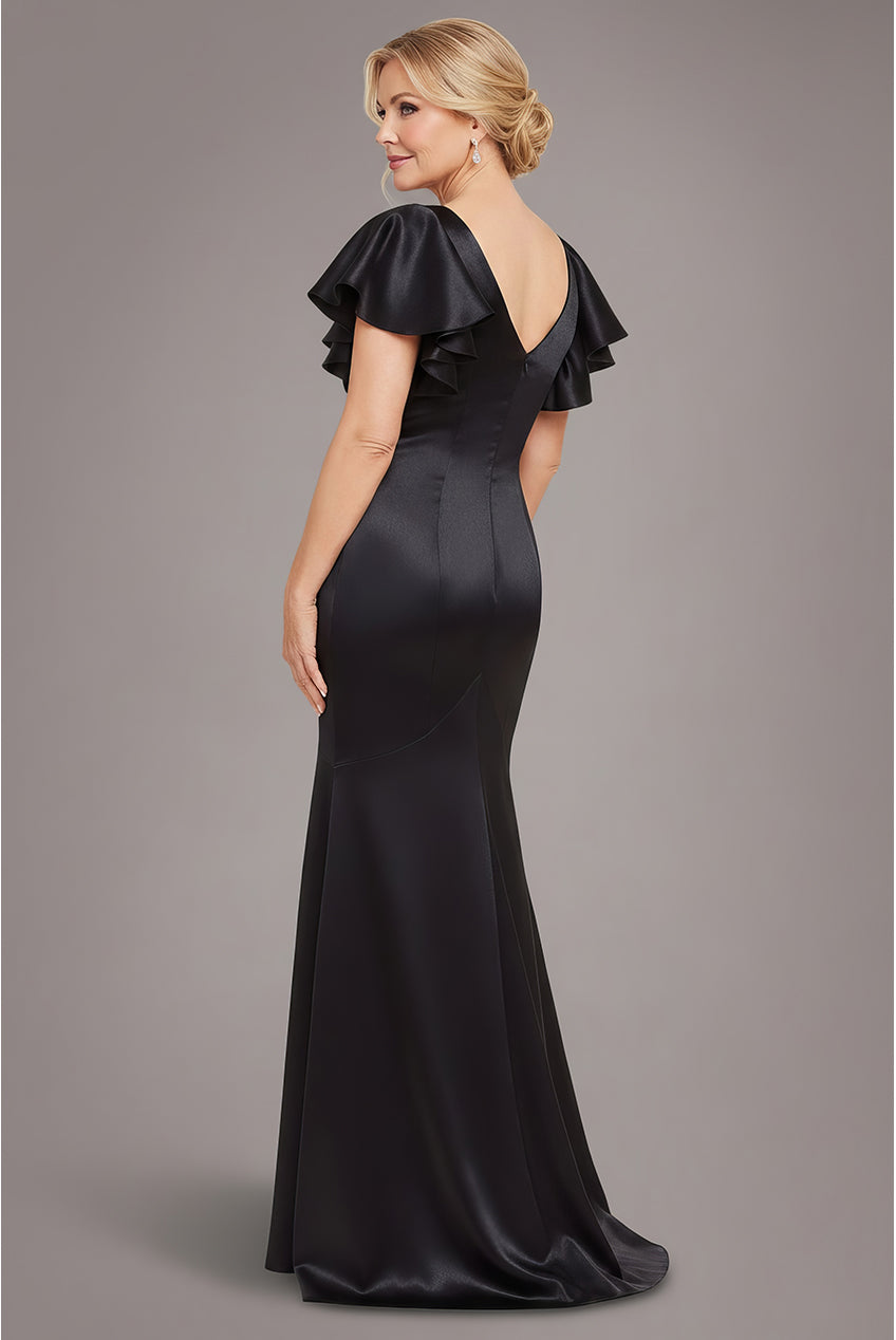 Satin Flutter Sleeve Mermaid Maxi - Black DR3954M