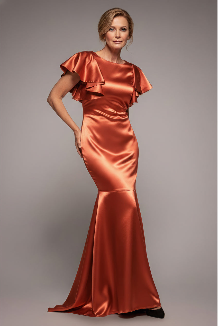 Satin Flutter Sleeve Mermaid Maxi - Burntorange DR3954M