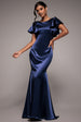 Satin Flutter Sleeve Mermaid Maxi - Navy by Goddiva