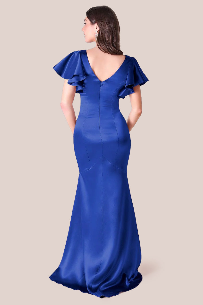 Satin Flutter Sleeve Mermaid Maxi - Navy DR3954