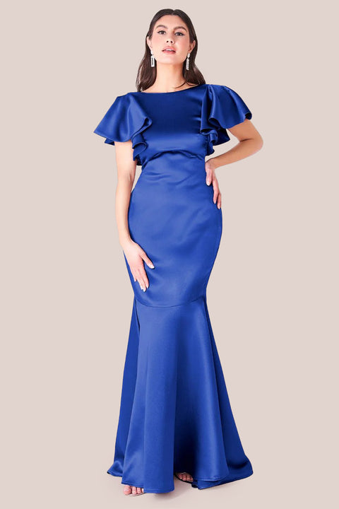 Satin Flutter Sleeve Mermaid Maxi - Navy DR3954