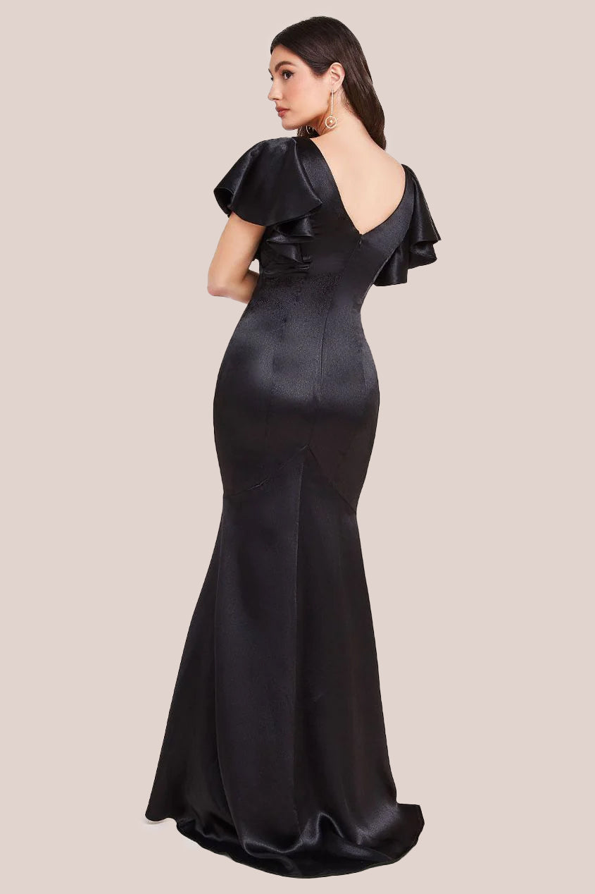 Satin Flutter Sleeve Mermaid Maxi - Black DR3954