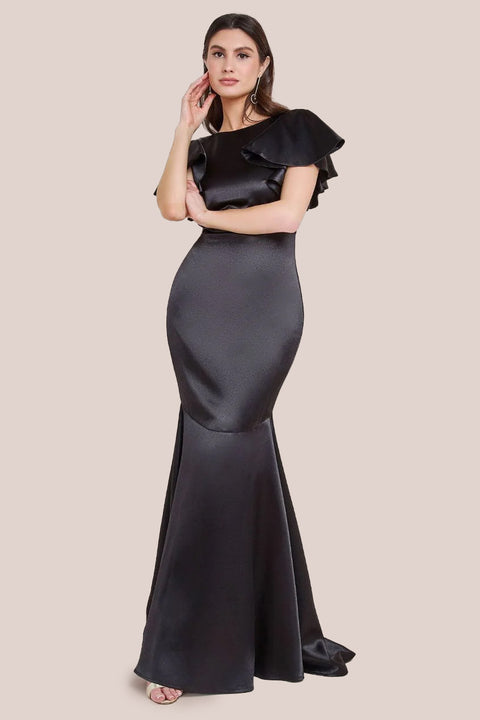 Satin Flutter Sleeve Mermaid Maxi - Black DR3954