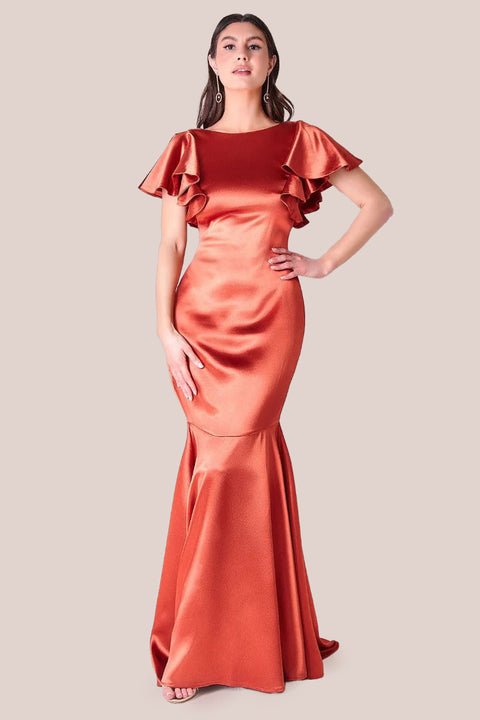 Satin Flutter Sleeve Mermaid Maxi - Burntorange by Goddiva