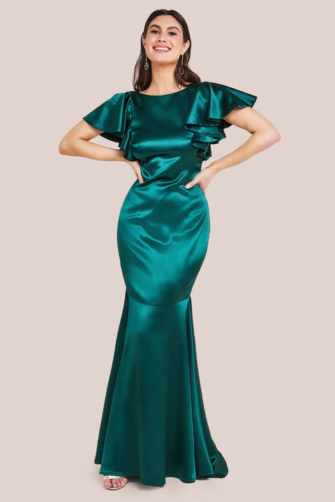 Satin Flutter Sleeve Mermaid Maxi - Emerald Green by Goddiva