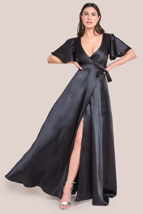 Flutter Sleeve Wrapover Satin Maxi Dress - Black DR3955